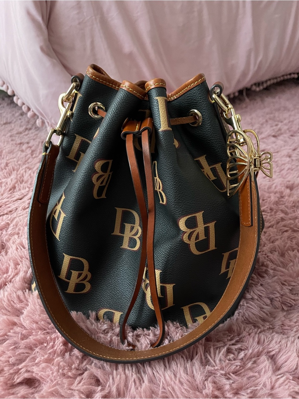Dooney & Bourke Black & Brown Monogram Drawstring Shoulder Bag